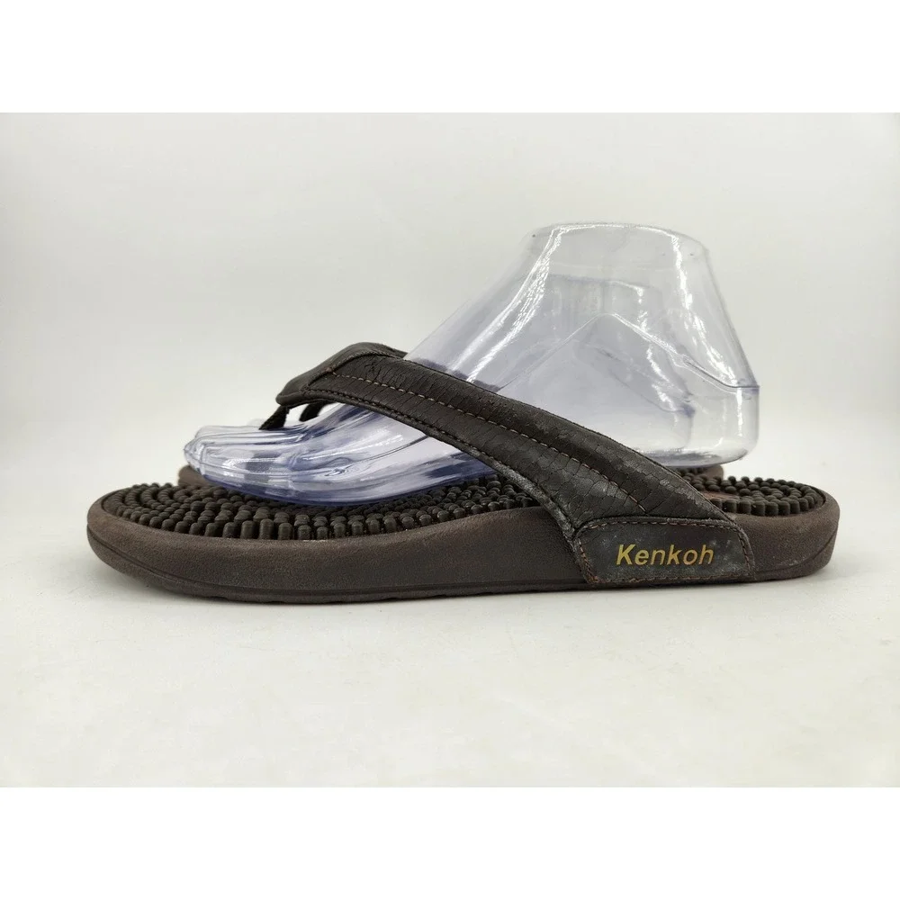Kenkoh Spirit V Flip Flop Sandals Mens 9 Brown Leather Acupressure Massage 2314
